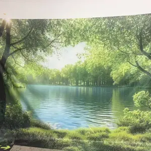 Large spring lake scene backdrop banner, featuring lush forest and lake scenery, made of polyester fabric, suitable for celebrations, photography backdrops, outdoor event decorations, patios, home décor, Party decor supplies