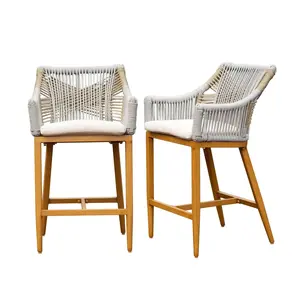 Outdoor Counter Height Stools Aluminium Frame Cushioned Set of 2 Khaki