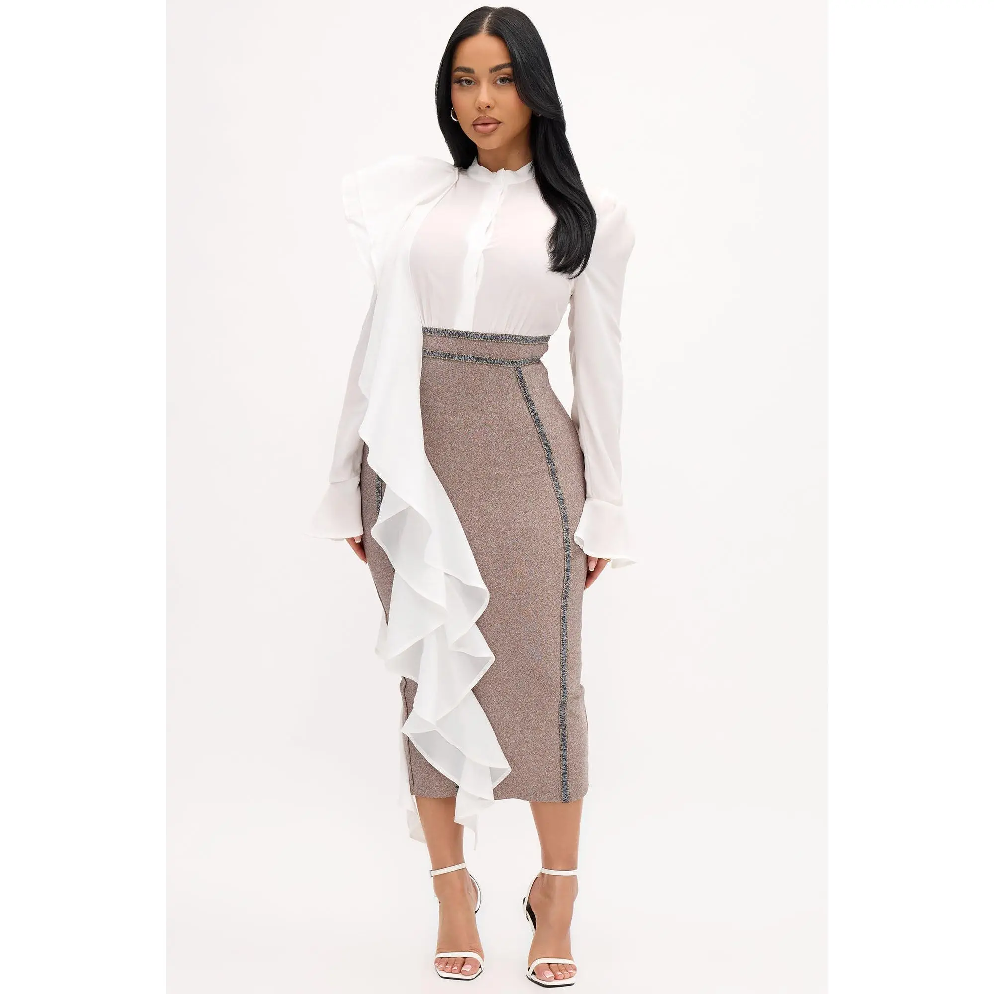 Eileen Bandage Shirt Midi Dress - Brown/combo