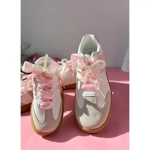 White/Pink Mommy and Me Sneakers- with Satin Ribbon Shoelaces & Faux Pearl Bow