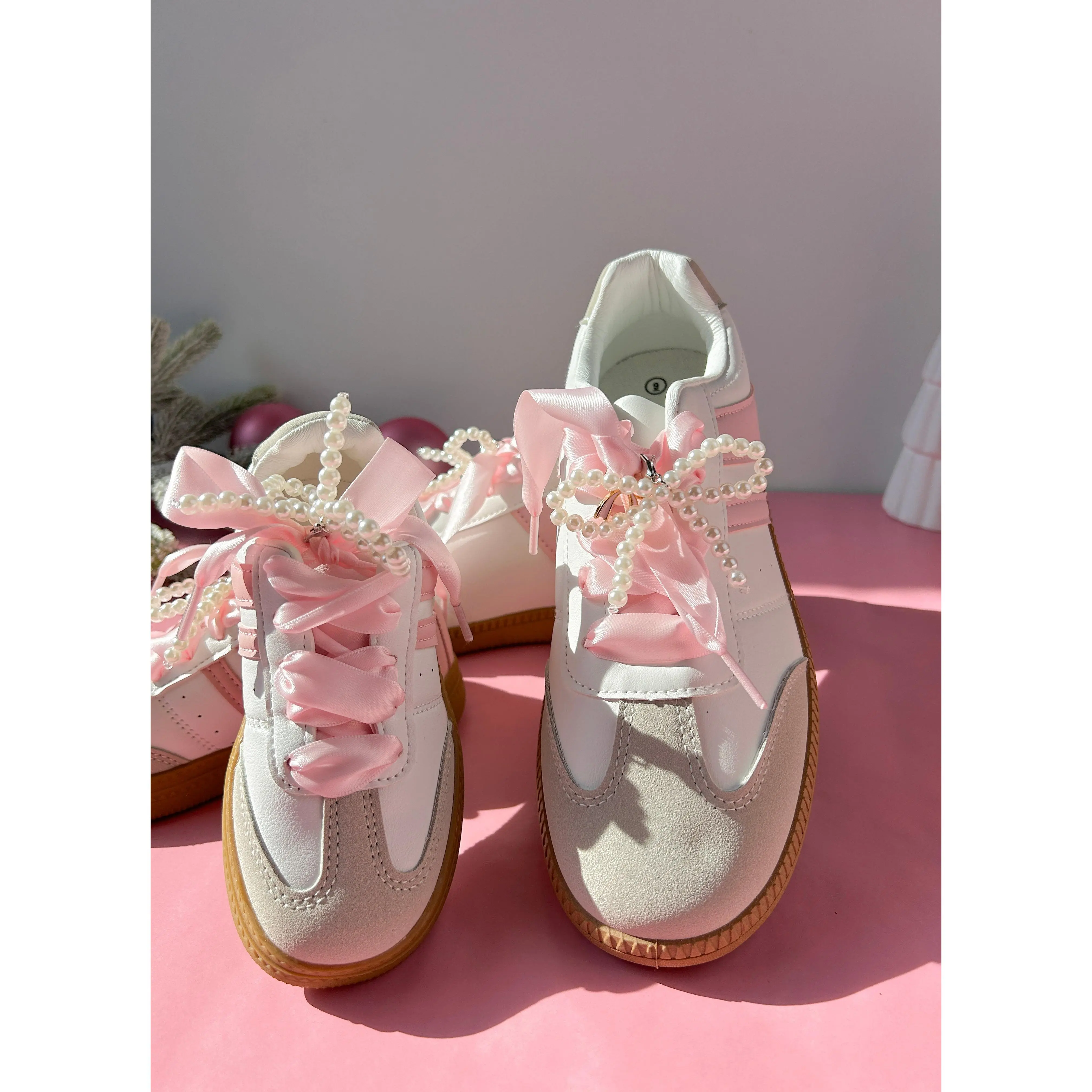 White/Pink Mommy and Me Sneakers- with Satin Ribbon Shoelaces & Faux Pearl Bow