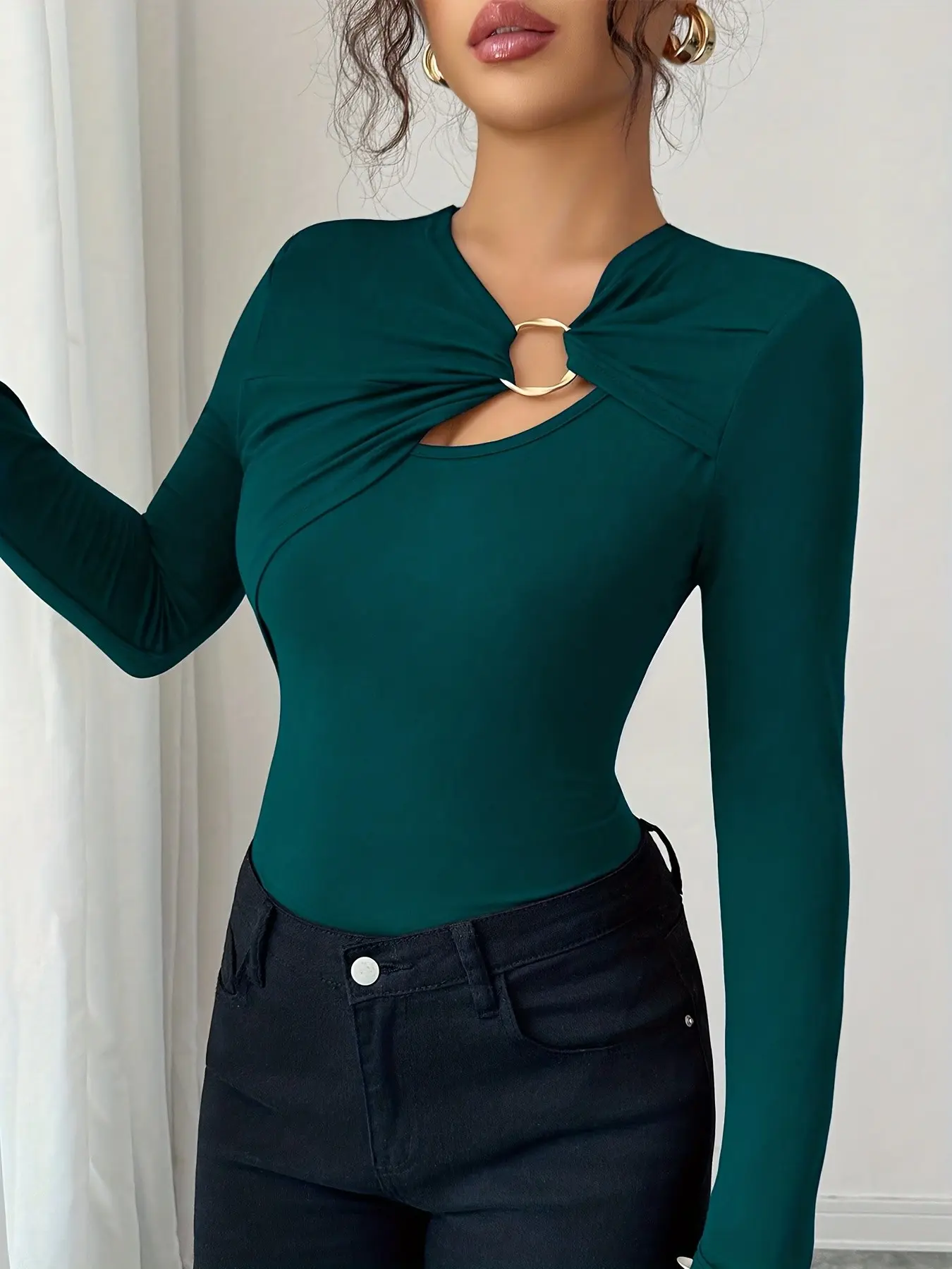 Women's Single-Sided Cross Knot Design T-Shirt, Slim-Fitting Long Sleeve Top, Casual Daily Wear & Party, Chic Simple Style