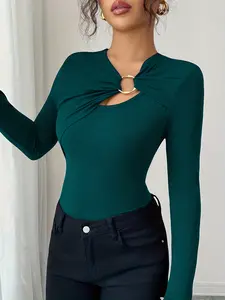 Women's Single-Sided Cross Design T-Shirt, Slim-Fitting Long Sleeve Top, Casual Daily Wear & Party, Simple Style