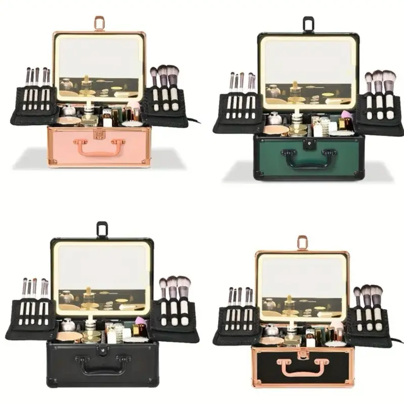 Makeup Case With Lighted Mirror, Makeup Box Organizer With Detachable LED Mirror, Travel Makeup Train Case, Cosmetic Organizer, Standing Makeup Brush Holder, Gift, Black Green