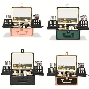 Makeup Case With Lighted Mirror, Makeup Box Organizer With Detachable LED Mirror, Travel Makeup Train Case, Cosmetic Organizer, Standing Makeup Brush Holder, Gift, Black Green