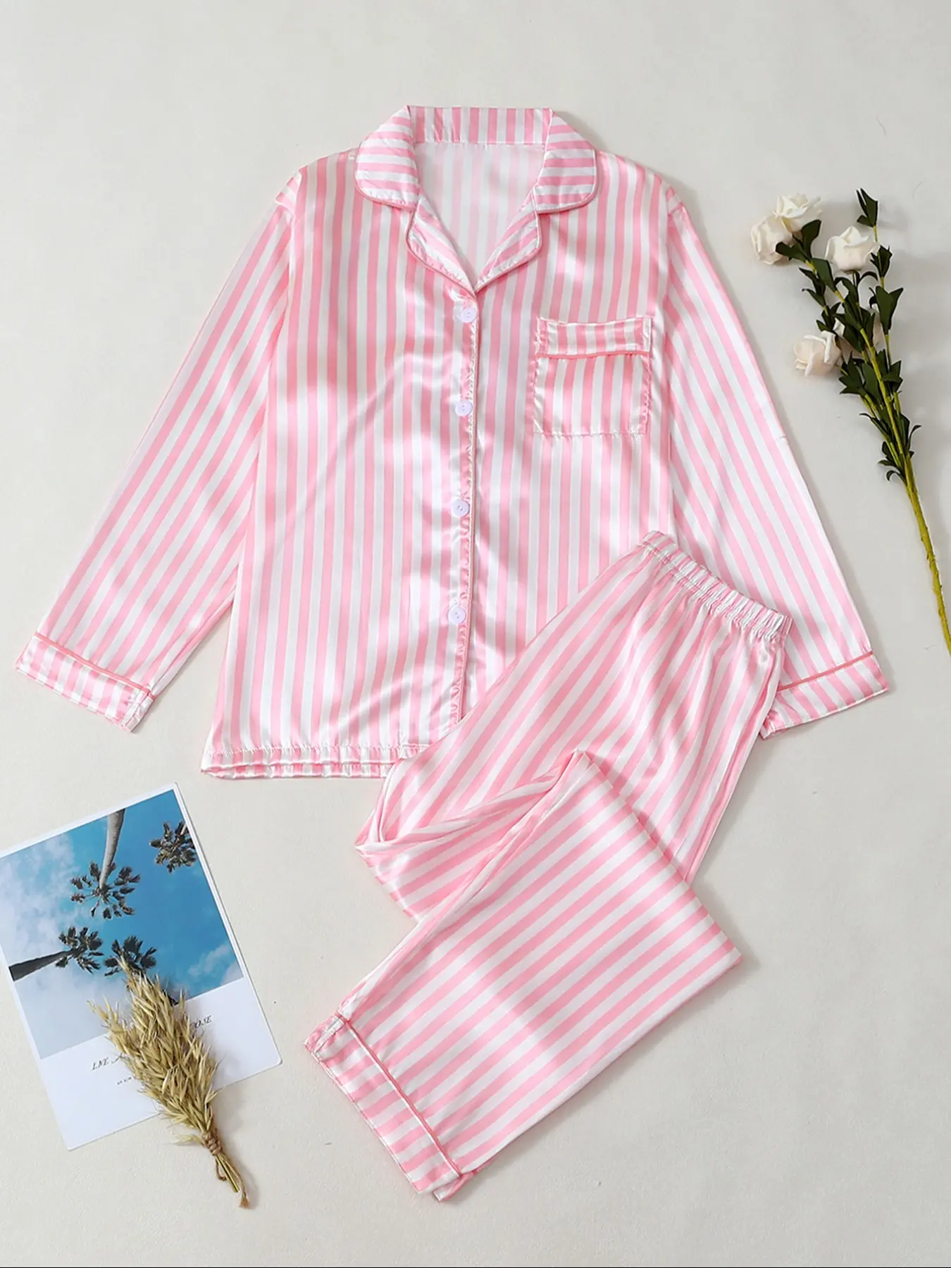 Women's Striped Satin Sleepwear Set, Lightweight Breathable Soft Fabric, Casual Home Wear Two-Piece Suit for Fall Winter Spring Summer, Pajama Set