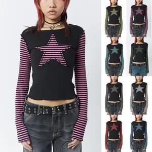 Y2K Star Stripe Sweet Cool Women's Long Sleeve Striped T-shirt Five-pointed Star Embroidered Casual Top
