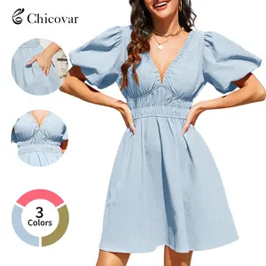 Chicovar Boho Summer Mini Dress for Women, Deep V Neck Puff Sleeve Smocked Waist, Flowy Cotton Textured Dress with Pockets, Casual Outfit for Vacation, Party, Church & Daily Wear, Summervibes, Fashion