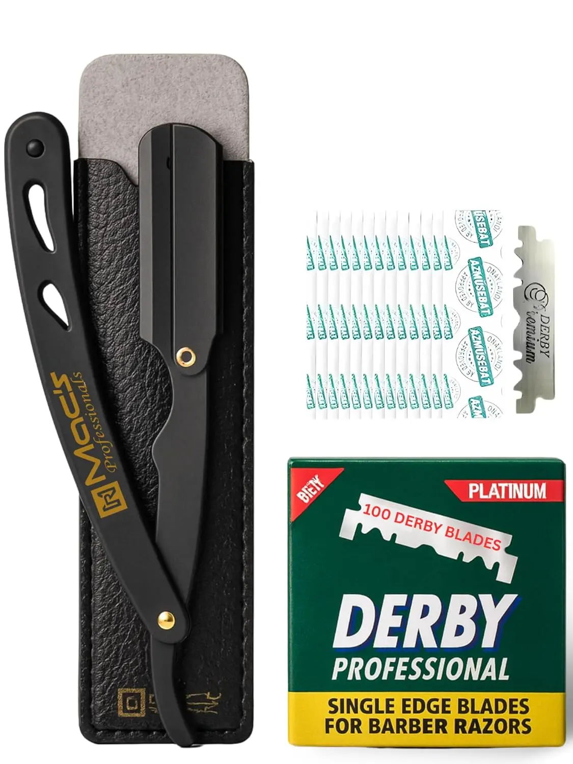Men's Professional Stainless Steel Straight Shaving Razor Kit - Ergonomic Handle Safety Double Edge Razor with Precise Secure Blade Clamp for Clean Shave, Includes 100 Derby Blades, Protective Pouch
