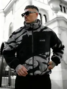 Men's Loose Tribal Pattern Fleece Jacket, Warm Thick Lamb Fur Coat, Camo Print, High Neck Full Zip Outerwear, Winter Street Style, Short