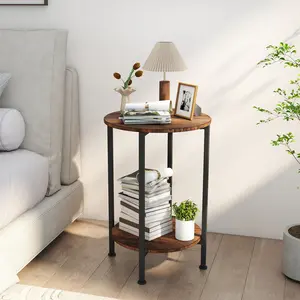 Round End Table with Open Shelf Metallic Frame Walnut Finish Elegant Design Sturdy Structure Versatile for Living and Bedroom Settings