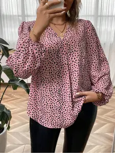 Women's Soft Leopard Print V-Neck Shirt, Spring New Loose Fit Slimming Lantern Sleeve Chiffon Top, Trendy Fashionable Ladies' Blouse