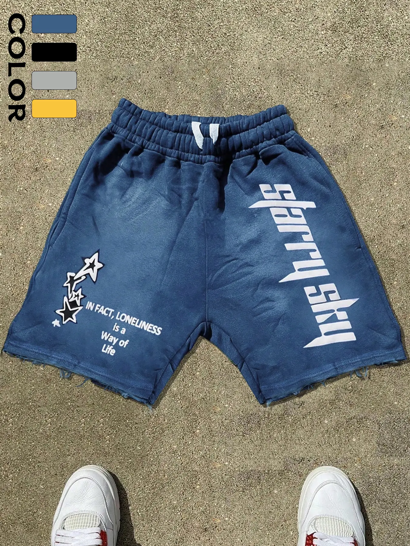 Men's Multicolor Casual Shorts, Graphic Print Shorts, Vintage Wash Texture, Letter Print, Lonely Theme Slogan, Star Pattern, Frayed Hem, Comfortable Fabric