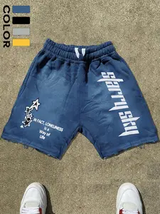 Men's Multicolor Casual Shorts, Graphic Print Shorts, Vintage Wash Texture, Letter Print, Lonely Theme Slogan, Star Pattern, Frayed Hem, Comfortable Fabric