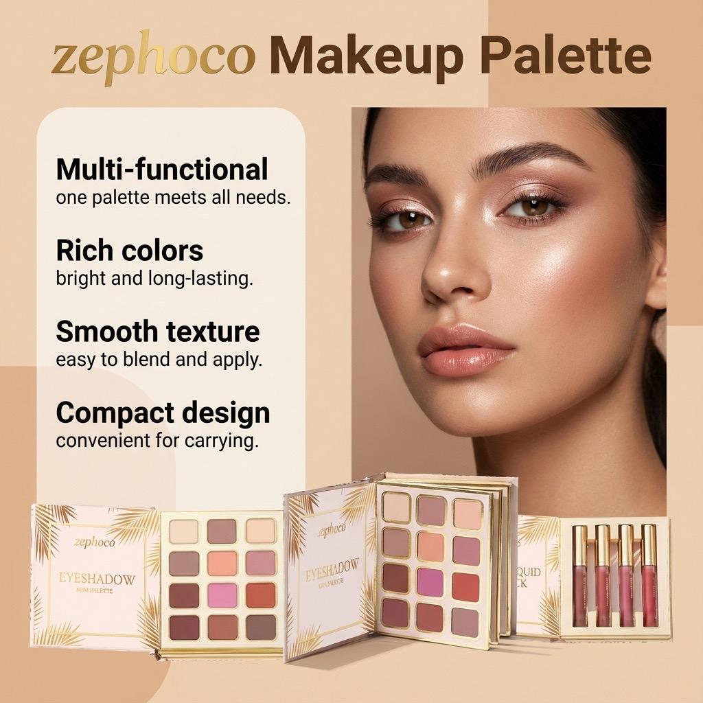 Zephoco Tropical Gold Makeup Complete Set – Eyeshadow, Blush, Lipstick, Foldable Makeup Palette for a Full Face Look