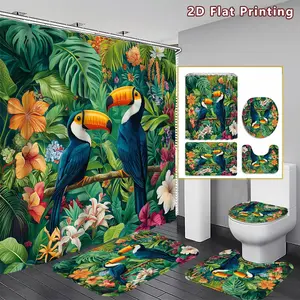 4PCS Tropical Toucan Shower Curtain set, Colorful Toucan and Floral Bathroom Decor, Accessories with Bath Mat, U-shaped Mat, Toilet Lid Cover, 12 Hooks 180x180cm Curtain, Tropical Enthusiast, Home Decor, bathroom accessories