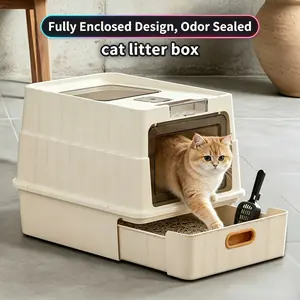 Enclosed Aviation-Grade PP Plastic Cat Litter Box with Lid & Drawer Design for Indoor All Lifestyles Cats, Baffles for Anti-Leakage, with Litter Scoop & Litter Mat