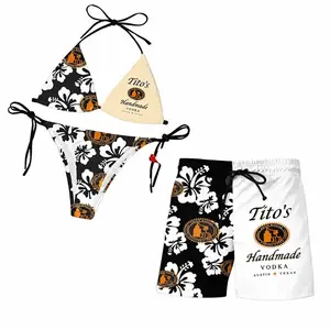Titos Handmade Floral Swimwear Set, String Bikini and Matching Beach Shorts for Couples, Tropical Summer Beachwear All Sizes