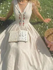 Women's Casual Embroidered Sleeveless Midi Dress For Daily Wear, Spring /Summer Outfit, Long Party Dresses, Wedding Guest Dress For Women, Graduation Dress, Ceremony Dress, Vintage Style, Romantic, Classic Style, Comfortable, Elegant, Embroidery Dress, Fl