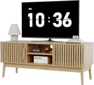 TV Stand for TVs Up to 50 Inch, Mid Century Modern Entertainment Center with Fluted Storage Doors and Open Shelves, Wood Media Console Table for Living Room Bedroom