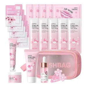 Sakura Skin Care Kit, Moisturizing Facial Skincare Kit, Including Facial Cleanser, Toner, Serum, Eye Cream, Face Cream, Lip Mask, Makeup Bag, Clip, Skin Care Products
