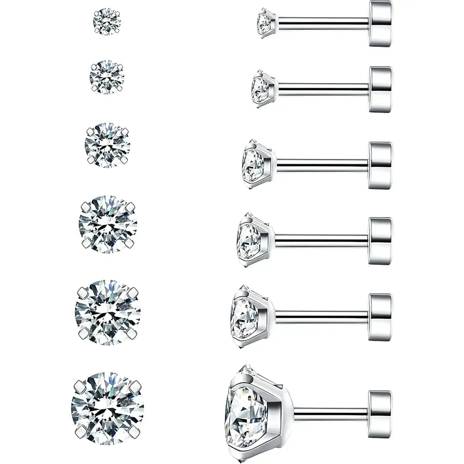 Unisex Versatile Stud Earrings, 6-Pair Surgical Steel Set with Synthetic Diamond Cubic Zirconia, 3-8mm Graduated Sizes, 20G, Hypoallergenic, High-Strength Polishing, Non-Fading, Ear Stacking, For Daily Wear (Ages 18+)