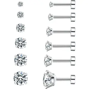 6 Pairs Hypoallergenic Cubic Zirconia Earrings Surgical Steel Flat Back Studs for Cartilage, Screw Back Fashion Jewelry