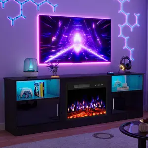 PUKAMI 70" Fireplace TV Stand with 23" Electric Fireplace for TVs Up to 80 inch, Modern LED Light Entertainment Center with High Gloss Storage Cabinet, Media TV Consoles for Living Room