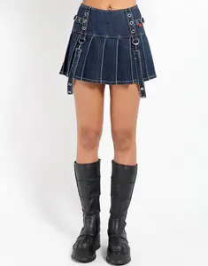 DENIM PLEATED BONDAGE SKIRT