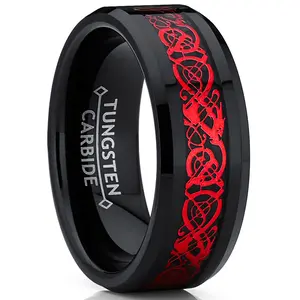 Men's Dragon Tungsten Ring Wedding Band Black Red Carbon Fiber Comfort-Fit 8MM