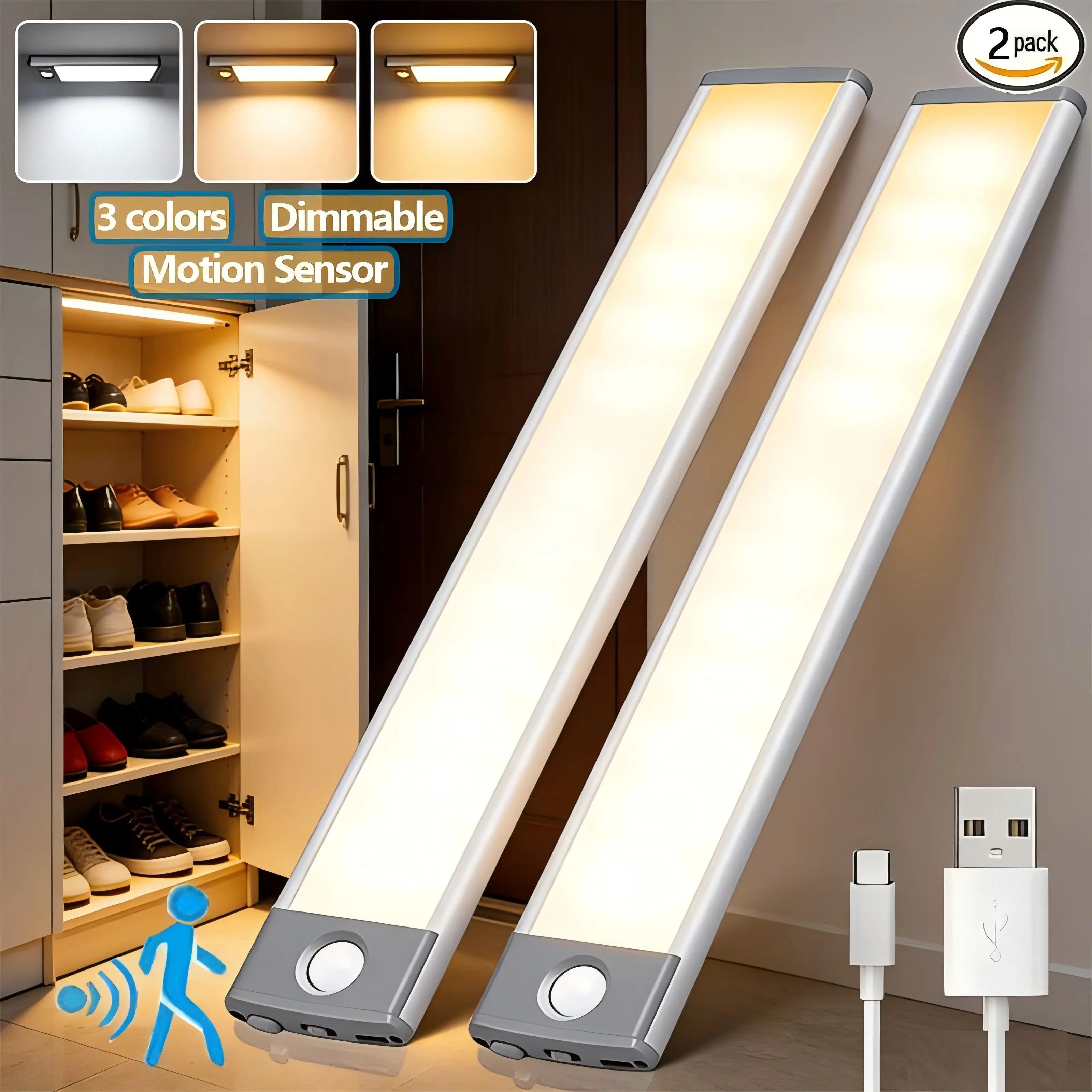 11.8 in Rechargeable Magnetic LED Motion Sensor Under-Cabinet Light, Indoor Dimmable Light with 3 Color Temps for Kitchen, Stairs Wireless Closet Light for Kitchen, Hallway