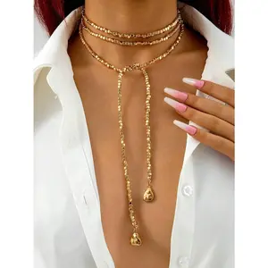 Women's Geometric Look Faux Pearl Beaded Chain Necklace - Gold CCB Rhinestone-Accented, Asymmetrical, Cat Design, Gold Cuban Link, Female Everyday Wear Costume Jewelry, Copper Color Gift Box for Casual Use