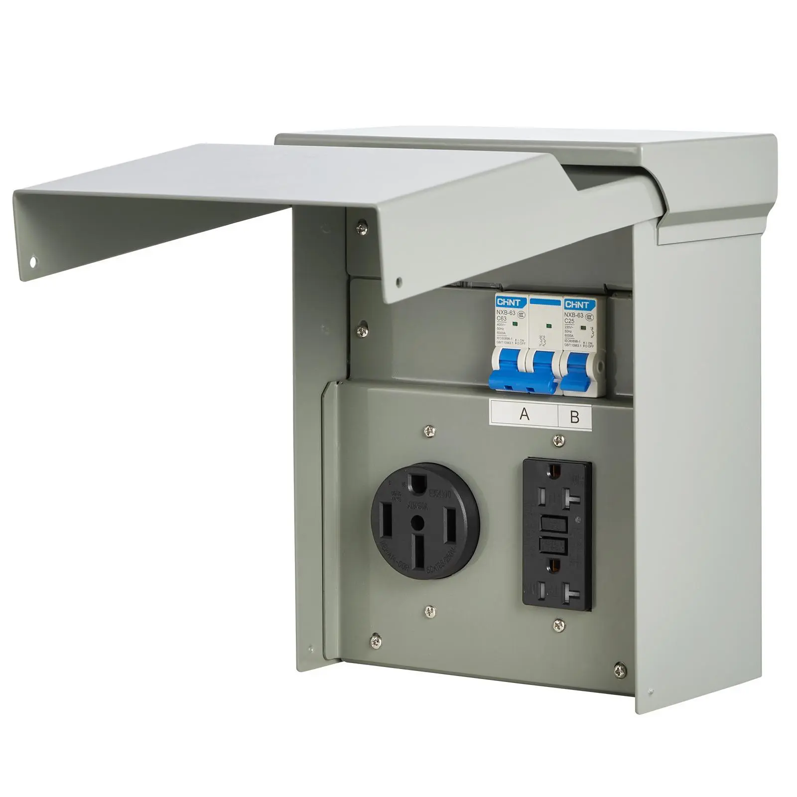 VEVOR Pre-Wired Ground Temporary Power Outlet Panel, IP54 Water Res. Outdoor Box with NEMA 50A GFCI & 20A Receptacle, 50A RV Power Supply for RV/Camper/Construction Sites, -20℃ to 70℃, Hassle-Free Installation, Charging Anywhere