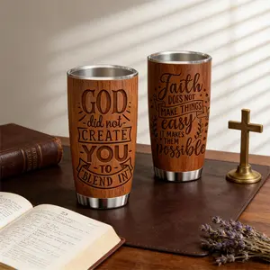 AuraCup 20oz Valentines Tumbler, Vacuum insulated tumbler, with lid and straw, wood engraved Christian quotes "God did not create you to blend in / Faith makes things possible", double wall stainless steel insulated cup for hot cold drinks