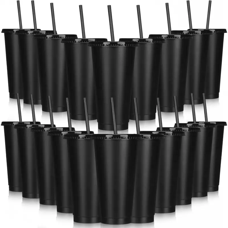 24oz Reusable Plastic Tumblers Bulk (30 Sets, Black) - Lightweight, Portable, Washable, Leakproof Tumbler with Straw & Lid, Travel Mug for Cold/Hot Drinks, Parties, Birthdays (Adults)-L