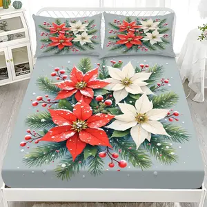 Fitted Sheet 3-Piece Set - 2D Flat Christmas Pine Branch Pattern Mattress Cover (1 fitted sheet + 2 pillowcases, no insert), comfortable sheets, skin-friendly and breathable bedding, suitable for family bedrooms and guest rooms, all year round.