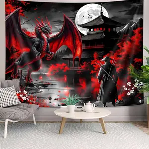 Japanese Anime Samurai Dragon Tapestry with Black Accents - Black Red Print, Dark Nature Mountain Forest Sunset Design, Decor for Bedroom Living Room, Machine Washable Home Decor Tapestry