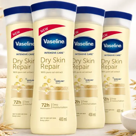 Vaseline Intensive Care Dry Skin Repair Lotion Value Bundle (400ml/13.5oz) - Pure Oats Extract & Jelly, Daily Nourishing Gentle Body Moisturizer for Sensitive Irritated Skin, 72-Hour Deep Hydration, Fast-Absorbing Full Body Multipack