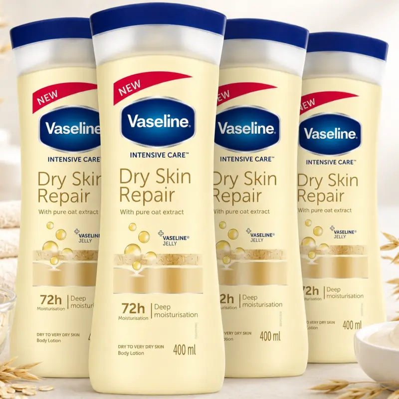 Vaseline Intensive Care Dry Skin Repair Lotion Value Bundle (400ml/13.5oz) - Pure Oats Extract & Jelly, Daily Nourishing Gentle Body Moisturizer for Sensitive Irritated Skin, 72-Hour Deep Hydration, Fast-Absorbing Full Body Multipack