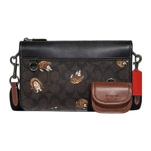 COACH Heritage 25 Classic Monogram Hedgehog Print Zip Top Crossbody Bag for Men, Medium, Brown Leather