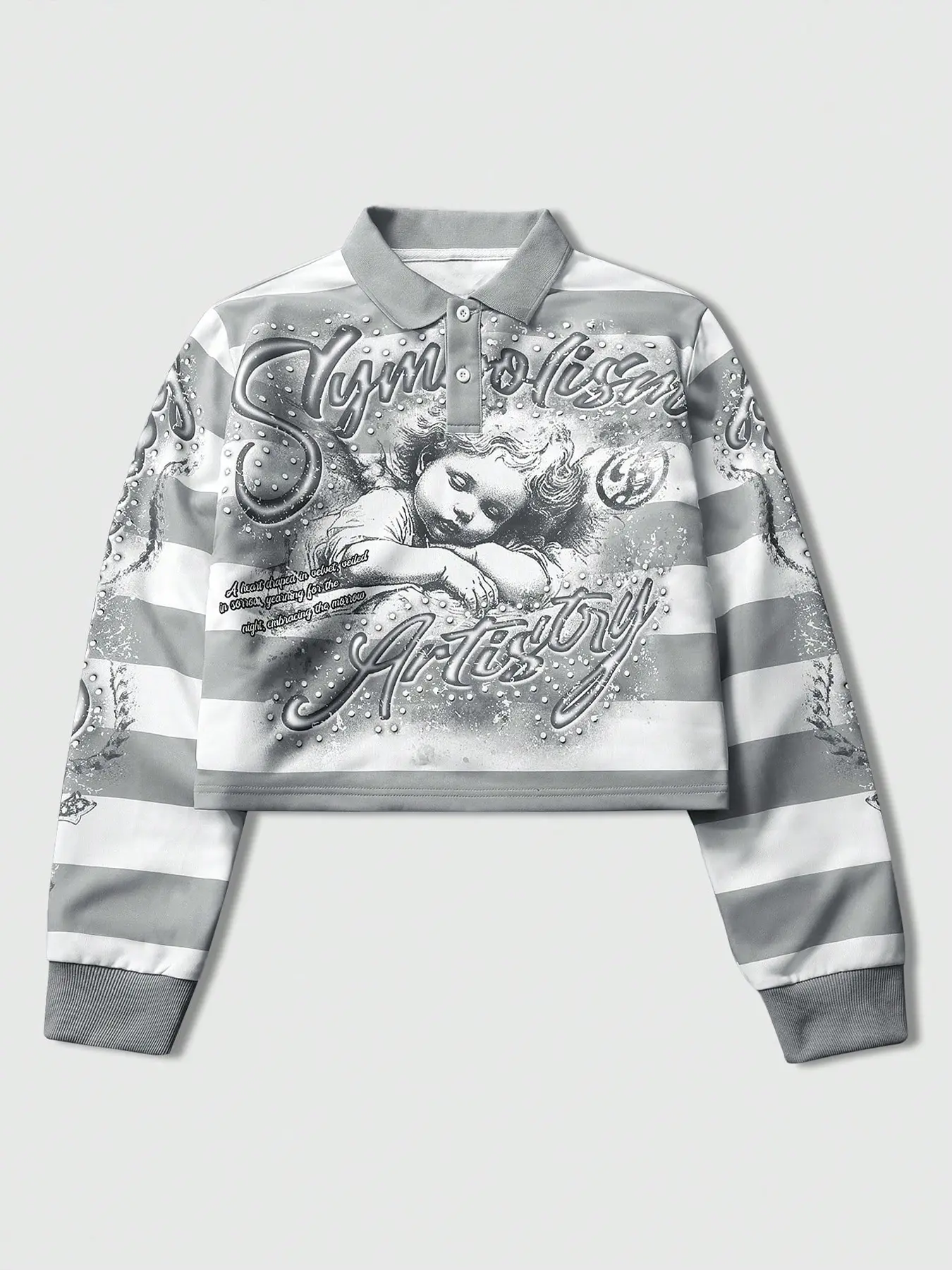 Y2K Vintage Airbrush Angel Graphic Print Striped Polo Fitted Sweatshirt for Men/Women - Oversized Casual Comfy Streetwear Long Sleeve Top with Cross Detail - Aesthetic Harajuku Pullover for Casual Street Style & Parti