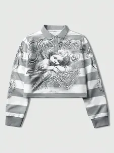 Y2K Vintage Airbrush Angel Graphic Striped Polo Sweatshirt for Men/Women - Oversized Streetwear Long Sleeve Top with Cross Detail - Aesthetic Harajuku Pullover for Casual Street Style & Parti