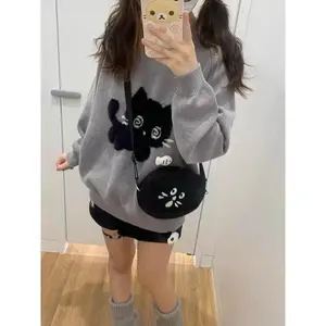 Autumn Gray Vintage Elegant Knit Pullover Woman  Cartoon Print Design Harajuku Sweater Feamale  Long Sleeve Retro Clothes