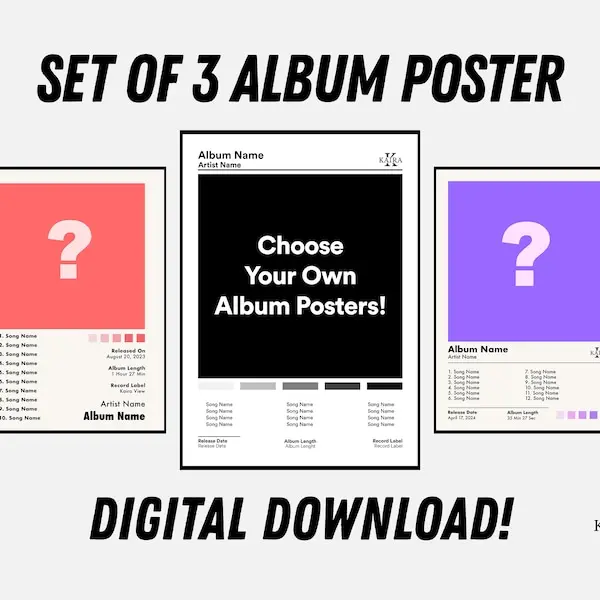 Set of 3 Custom Album Poster, Choose Your Own Music Poster, Custom Tracklist Poster, Gift for Music Lover, Music Wall Art