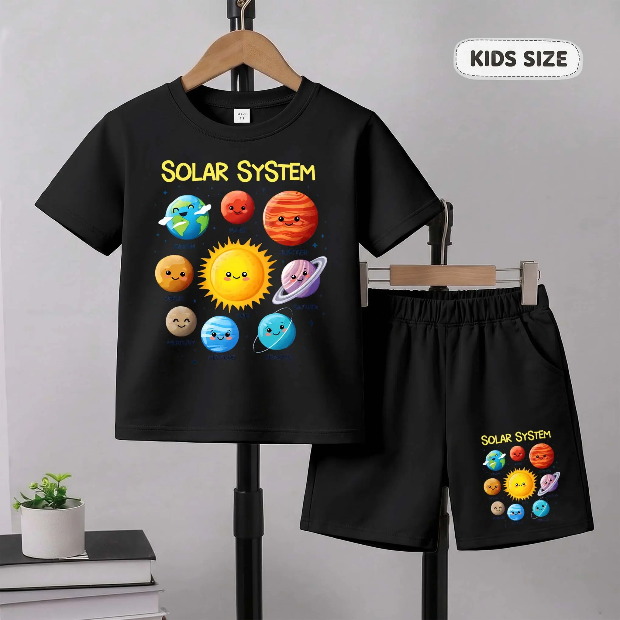 Boys' Breathable Basic Crew Neck Cartoon Print Short-Sleeve T-Shirt & Shorts Set Combo, Casual Summer Kids' Clothing for Everyday Wear & Outdoor Play, 10-11Y(150), Play‑Ready Shorts, Kids-Friendly Fit