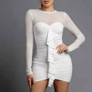 Celestina White Dress with Long Sleeves and Ruffle Detail for Women