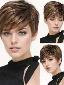Gradient layered brown short wig, Straight hair wig with blended texture, side-parted bangs flatter facial contours. The sleek, modern style is manageable, perfect for daily commutes or quick personal makeovers Synthetic Hair Wig