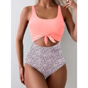 2026 Summer Tummy Control One Piece Swimsuit High Waist Fake Two Piece Style U Neck Backless Adjustable Straps Waist Bow Cutout Fashion Beach Outfit For Cruise Ship And Pool Party
