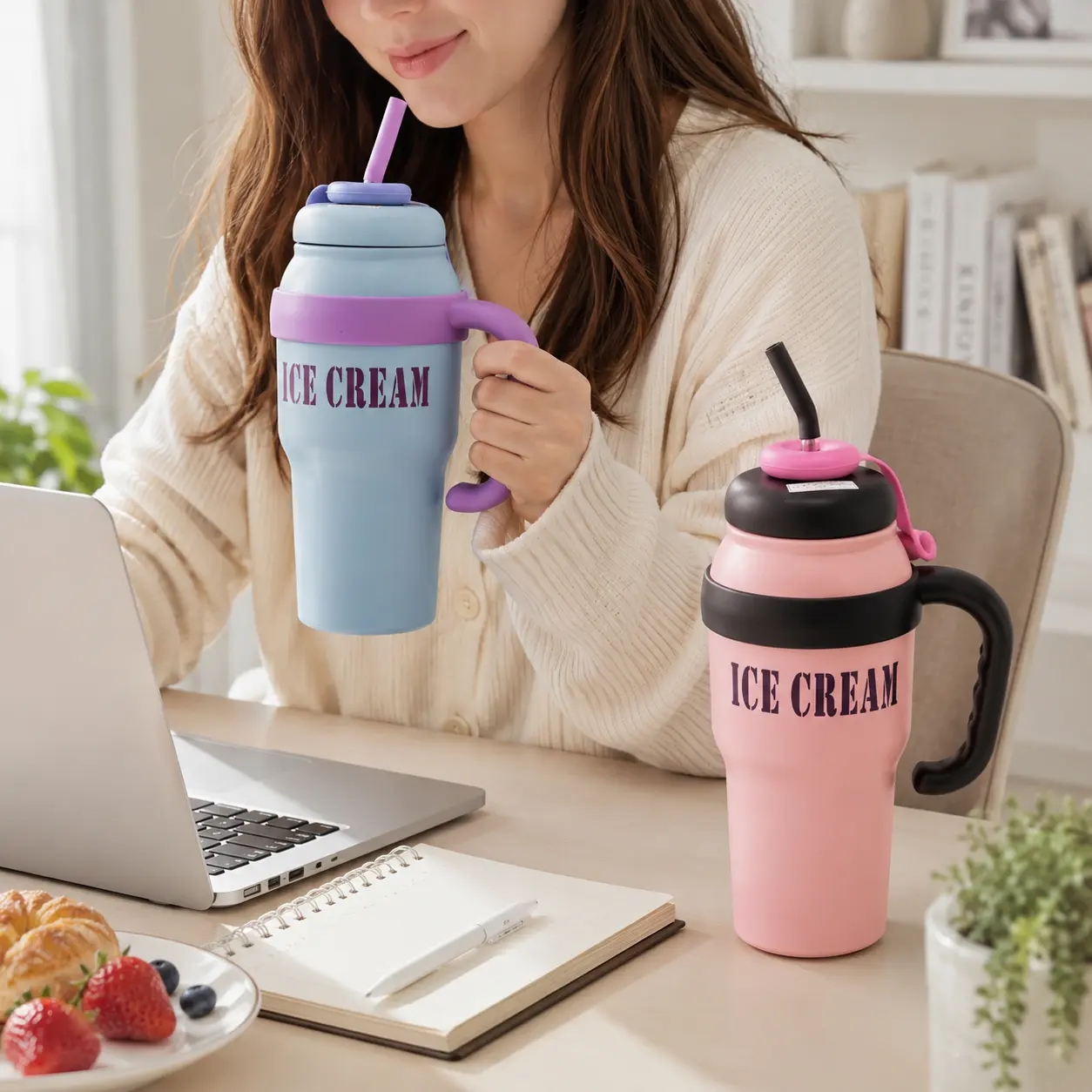 1100mL Insulated Tea Tumbler with Removable Infuser, Handle, Straw Lid and Reusable Metal Straw, Stainless Steel Travel Cup for Hot and Cold Drinks
