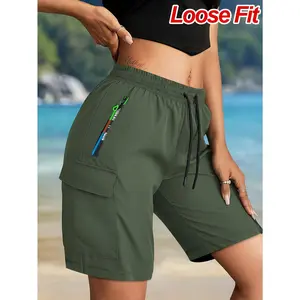 Women’s Olive Green Cargo Bermuda Shorts – Lightweight Knee-Length High Waisted Drawstring Shorts with Zipper Pockets for Summer, Travel & Outdoor Wear